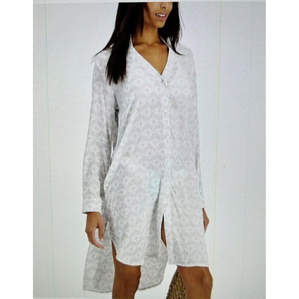 J.Valdi Womens Long Sleeve Clip Dot Button-Up Swim Cover-Up Shirt Gray Size M
